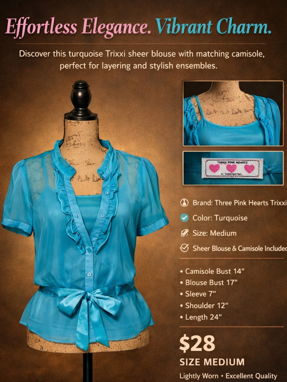 Trixxi Turquoise Sheer Blouse & Camisole Set Size M